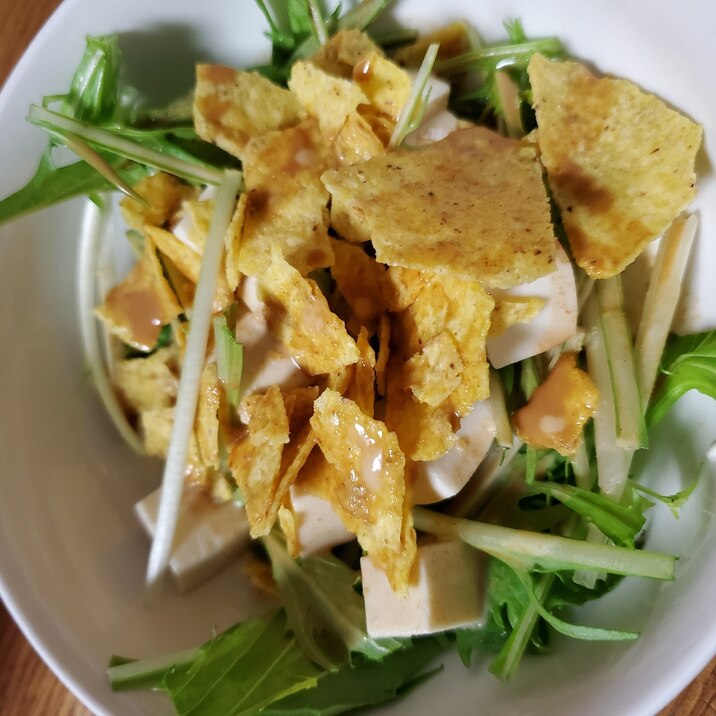水菜と豆腐とトルティーヤチップスのサラダ